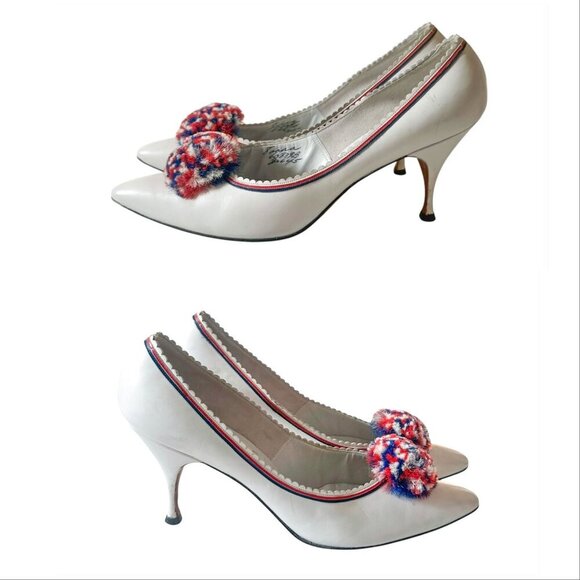 Vintage 50s/60s Julianelli's for Montaldo's  White Leather Pom Pom Heels 8AAA - Picture 13 of 16